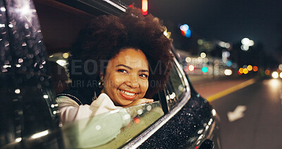 Buy stock photo African woman, window and vehicle at night for travel, sightseeing city and tourism holiday. Happy, passenger and thinking in car with fresh air, adventure trip and nightlife view for evening journey