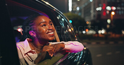 Buy stock photo Smile, black woman and window of car at night for travel, sightseeing city and tourism holiday. Happy, passenger and thinking in vehicle for fresh air, adventure trip and late journey with urban view