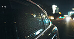Travel, rain and night and window with car in city for transportation, journey and driving. Reflection, bokeh and vehicle with new york taxi cab outdoor for automobile, tourism and chauffeur service