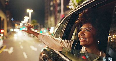 Buy stock photo Smile, woman and window of car for freedom, travel sightseeing and city tourism at night. Happy, passenger and thinking in vehicle for fresh air, adventure getaway and urban view for evening journey