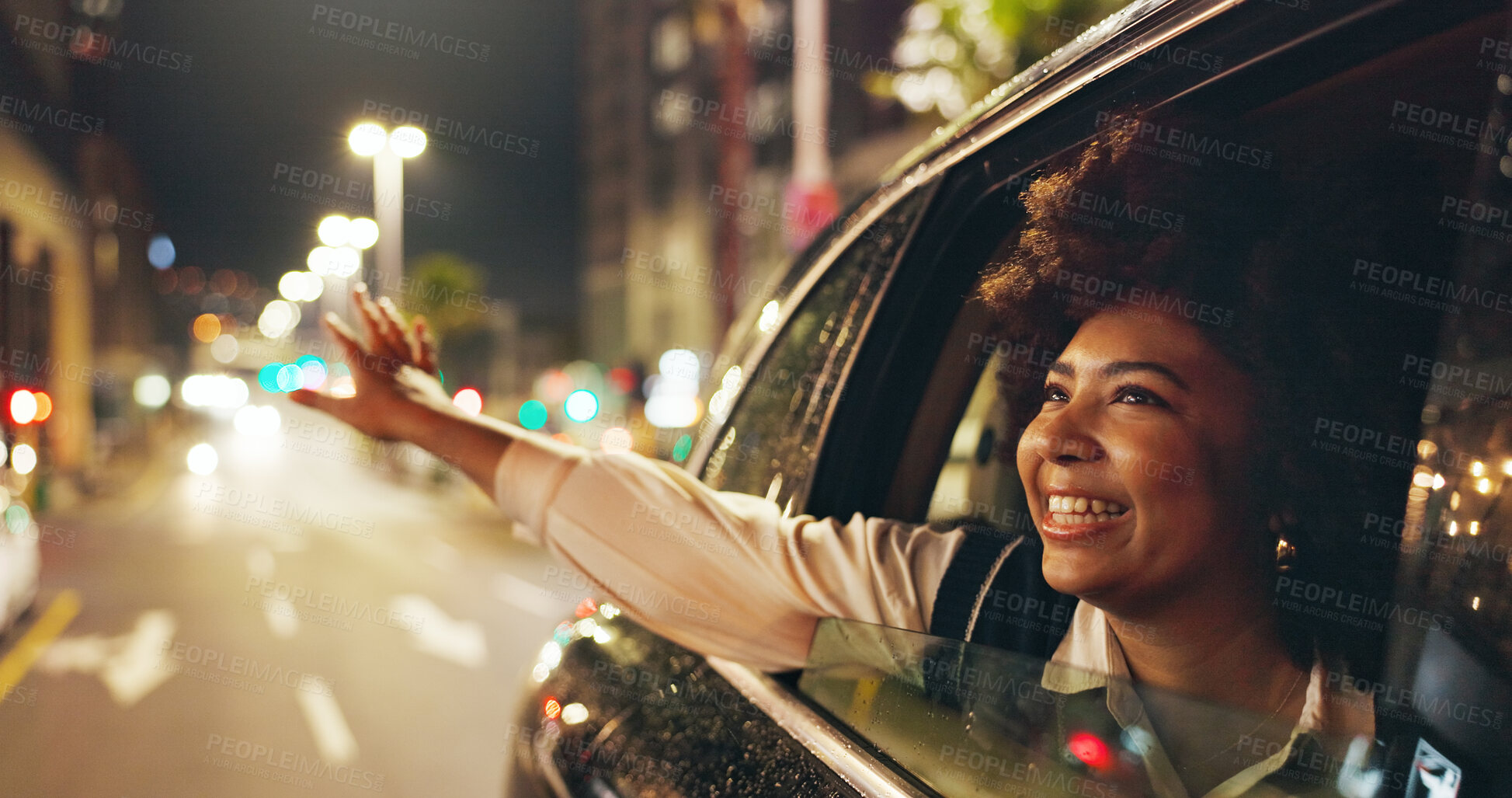 Buy stock photo Smile, woman and window of car for freedom, travel sightseeing and city tourism at night. Happy, passenger and thinking in vehicle for fresh air, adventure getaway and urban view for evening journey