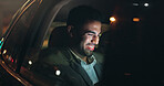 Laugh, tablet and businessman in car at night in city with networking, email or communication. Travel, technology and male person checking project with deadline in vehicle with commuting in town.