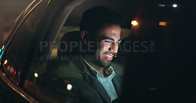 Buy stock photo Laugh, technology and businessman in car at night in city with networking, email or communication. Travel, research and male person checking project with deadline in vehicle with commuting in town.