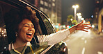 Excited, woman and window of car for freedom, travel sightseeing and city tourism at night. Happy, passenger and thinking in vehicle for fresh air, adventure getaway and urban view of evening journey
