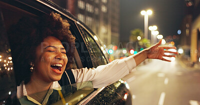 Buy stock photo Excited, woman and window of car for freedom, travel sightseeing and city tourism at night. Happy, passenger and shouting in vehicle for fresh air, adventure getaway and urban view of evening journey