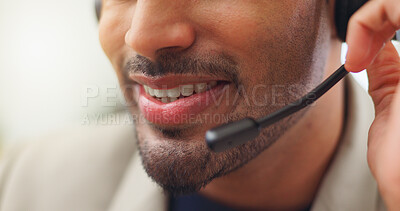 Buy stock photo Call center, mouth and mic for telemarketing, talk or communication with contact for lead generation. Happy, telemarketer and person with headset for consultation, customer service and discussion