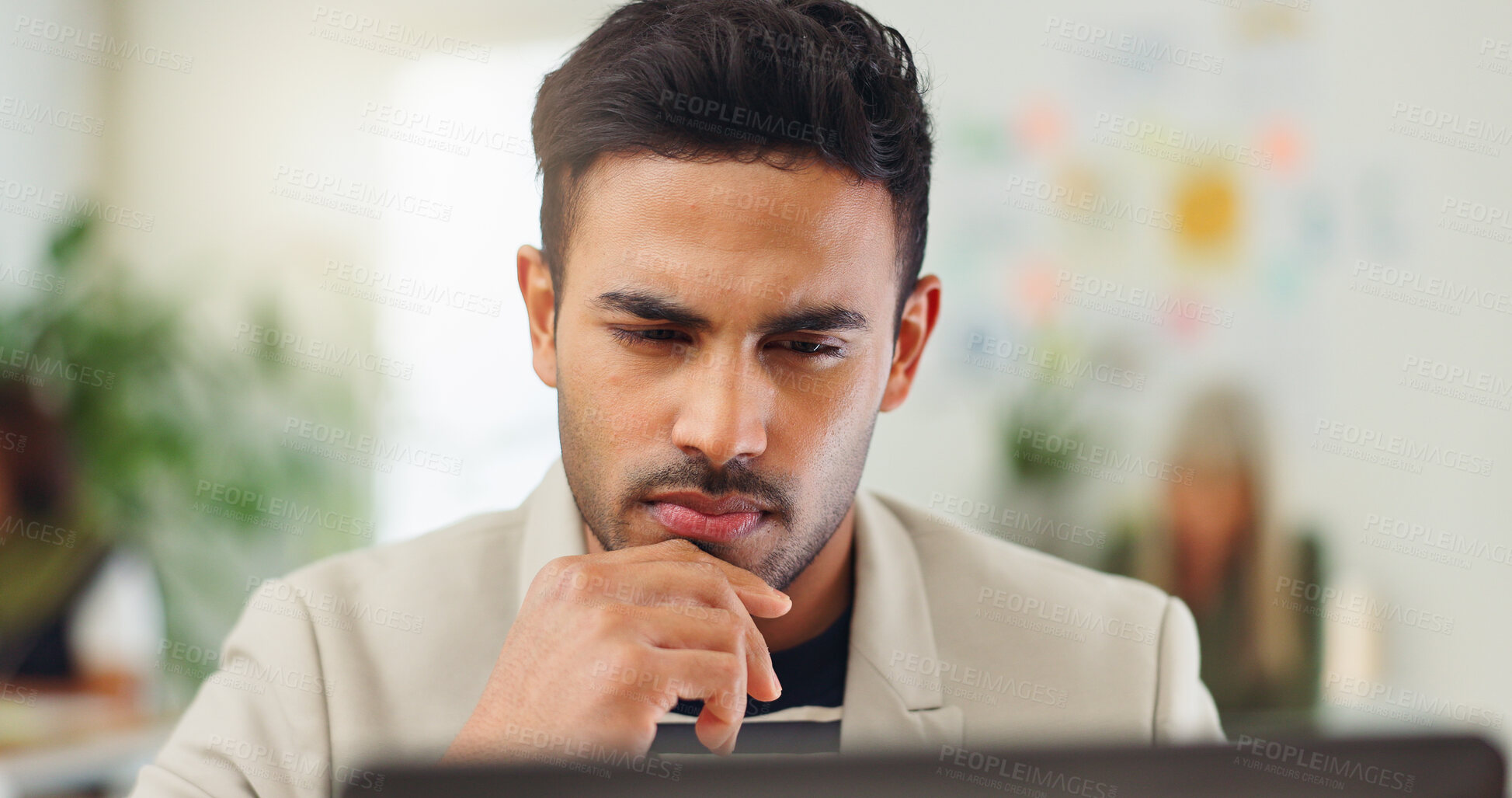Buy stock photo Thinking, laptop and research with business man in office for planning, reflection and debt solution. Insolvency expert, vision and finance advisor with person in agency for idea and problem solving