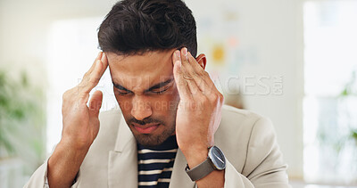 Buy stock photo Employee, stress and man with headache, office and financial analyst with burnout, thinking and pain. Business, migraine and person with anxiety for project, reflection and overwhelmed with work