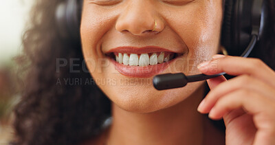 Buy stock photo Happy, mouth and mic for telemarketing, hand and discussion with contact for sales and consultation. Friendly, telemarketer and person with headset for lead generation, conversation and call center