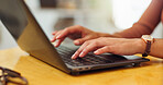 Typing, laptop and hands of business person in office for research, online report and email newsletter. Digital schedule, project and planning with employee and tech in agency for startup and web