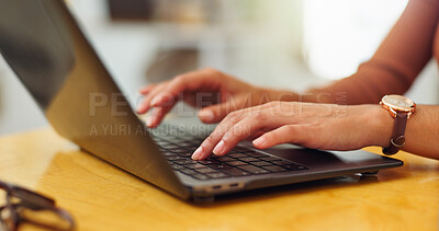 Buy stock photo Typing, laptop and hands of business person in office for research, online report and email newsletter. Digital schedule, project and planning with employee and tech in agency for startup and web