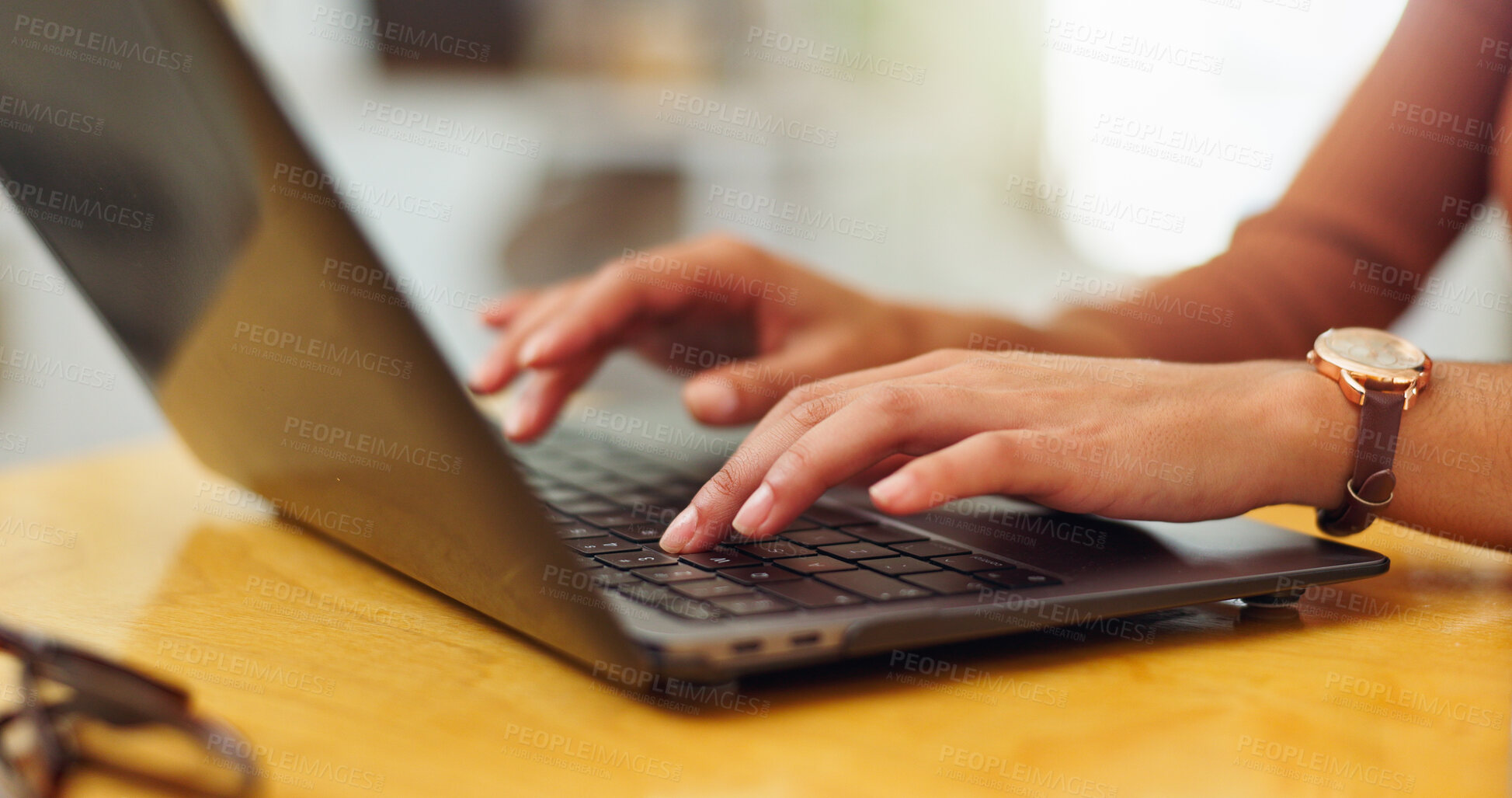 Buy stock photo Typing, laptop and hands of business person in office for research, online report and email newsletter. Digital schedule, project and planning with employee and tech in agency for startup and web