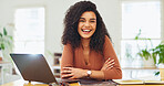 Smile, laptop and portrait of business woman in office for research, online report and email newsletter. Digital schedule, project and planning with employee and tech in agency for startup and web