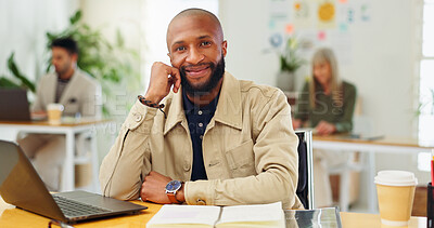 Buy stock photo Happy, creative and portrait of business man with confidence, pride and laptop for editing career. Media agency, publisher and journalist with computer for online article, copywriting and smile