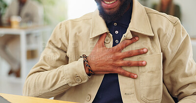 Buy stock photo Chest pain, hands and stress with business man in office with heart burn, anxiety attack and deadline pressure. Tension risk, cardiac arrest and sick with employee in agency with crisis and emergency