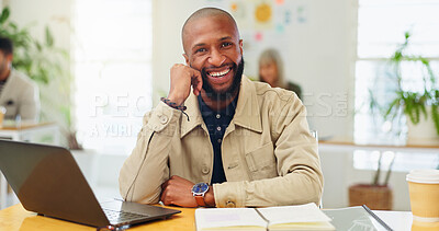 Buy stock photo Happy, creative and portrait of man in office with confidence, pride and laptop for editing career. Media agency, publisher and journalist with computer for online article, copywriting and smile