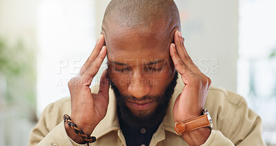 Buy stock photo Black man, headache and stress with fatigue for overworked, pressure or strain in office. Frustrated, businessman and pain with migraine, vertigo or mental health for deadline or burnout in workplace