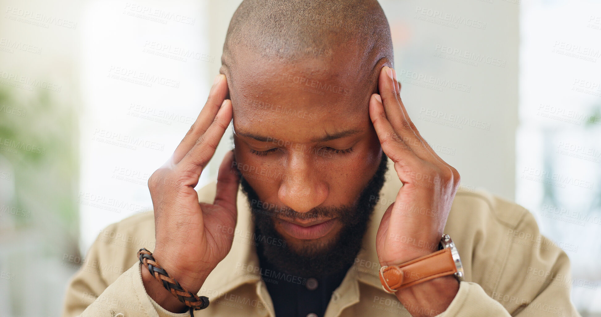 Buy stock photo Black man, headache and stress with fatigue for overworked, pressure or strain in office. Frustrated, businessman and pain with migraine, vertigo or mental health for deadline or burnout in workplace