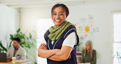 Buy stock photo Happy, business woman or arms crossed in office for media relations, project management or about us. PR manager, employee and portrait at coworking agency for brand awareness and career development