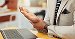 Man, hands or wrist pain with laptop for injury, overworked or muscle tension on office desk. Closeup, employee or sore arm with carpal tunnel syndrome or computer for joint inflammation in workplace