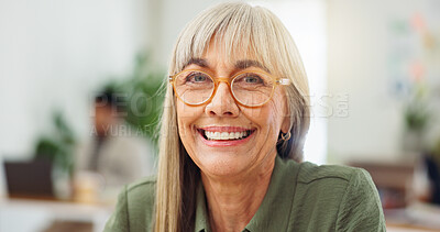 Buy stock photo Portrait, business woman or smile in office for public relations, reputation management or about us. PR director, mature person and happy at coworking agency for brand awareness and career experience