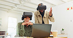 Virtual reality, creative and business people on laptop in office for interface, software and research. Startup, digital agency and workers with tech, vr headsets and computer for website project 