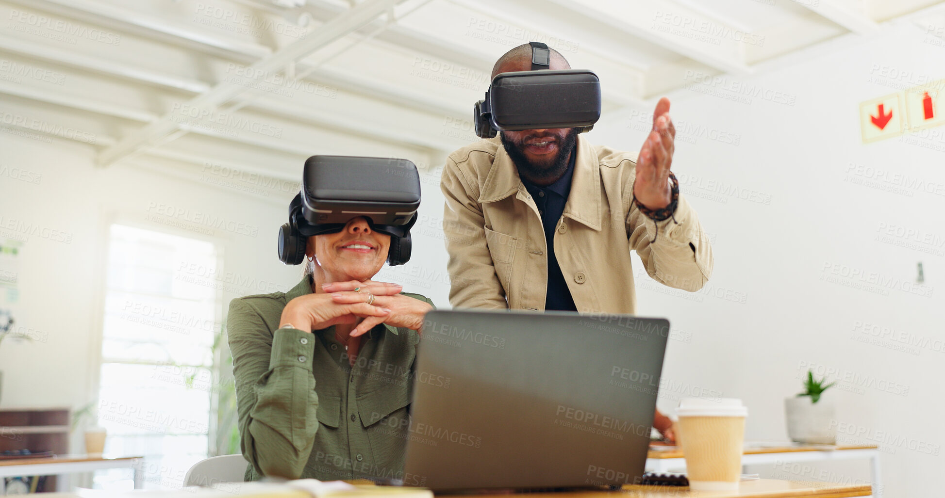 Buy stock photo Virtual reality, creative and business people on laptop in office for interface, software and research. Startup, digital agency and workers with tech, vr headsets and computer for website project