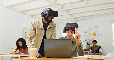 Buy stock photo Virtual reality, creative and business people in office for online interface, software and research. Startup, digital agency and workers with tech, vr headsets and computer for website project