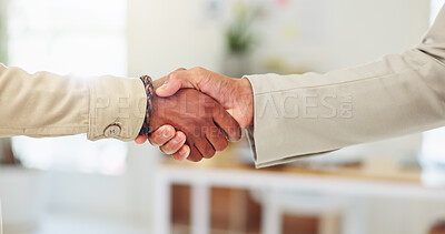 Buy stock photo Business people, handshake and meeting with agreement for partnership or deal in office. Closeup, employees or colleagues shaking hands with introduction for b2b, greeting or hiring in workplace