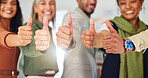 Business, hands and people with thumbs up in office for vacancy success, group vote and approval. HR team, hiring committee and yes emoji at workplace for candidate feedback, job opportunity or flare