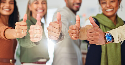 Buy stock photo Business, hands and people with thumbs up in office for vacancy success, group vote and approval. HR team, hiring committee and yes emoji at workplace for candidate feedback, job opportunity or flare