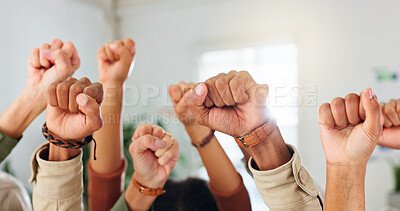Buy stock photo Business, support or group with fist in protest for corporate injustice, unfair wages or solidarity. Employee rights, people or hands raised at work for salary inequity, office demonstration or power