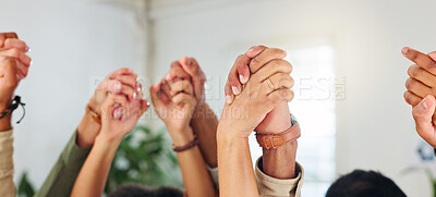 Buy stock photo People, holding hands and synergy in office, support and solidarity for project, unity and teamwork. Collaboration, together and colleagues with trust for business development, agreement and symbol