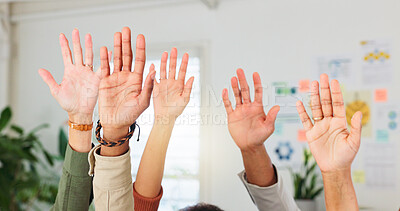 Buy stock photo Hands raised, creative and business people in office for answer, suggestion and question in meeting. Startup, team and workers with palms, gesture and asking for workshop, feedback and engagement