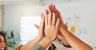 Buy stock photo Hands, team and high five with celebration at startup, support and motivation for goals at office. People, group and happy with success, collaboration or excited for achievement at creative agency