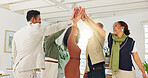 People, team and high five with celebration at startup, support and motivation for goals at office. Staff, group and happy with success, collaboration and excited for achievement at creative agency