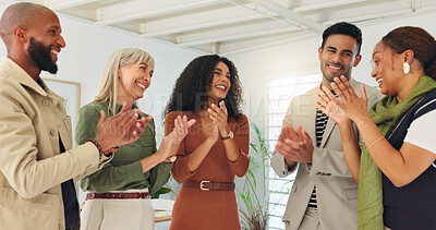Buy stock photo People, team and applause with celebration at startup, support and motivation for goals at office. Staff, group and happy with success, collaboration and excited for achievement at creative agency