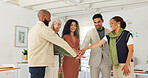 People, team and stack hands at startup with celebration, support and motivation for goals at office. Staff, group and happy with success, collaboration or excited for achievement at creative agency