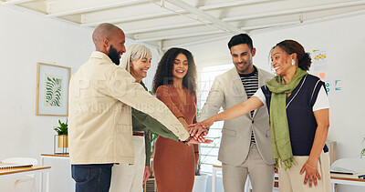 Buy stock photo People, team and stack hands at startup with celebration, support and motivation for goals at office. Staff, group and happy with success, collaboration or excited for achievement at creative agency