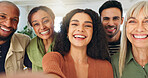 Woman, selfie and happy with team at startup, portrait and excited with workforce in office at company. Person, group and smile for photography, synergy or memory on social media at creative agency