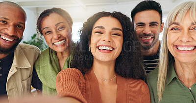 Buy stock photo Woman, selfie and happy with team at startup, portrait or excited with workforce in office at company. Person, group or smile for photography POV, synergy or memory on social media at creative agency