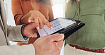 Team, screen and hands of business people on tablet for research, finance analysis and statistics. Meeting, pointing and workers on digital tech for financial review, investment and budget planning