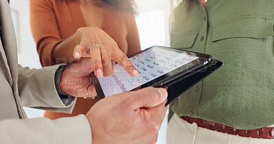 Buy stock photo Team, screen and hands of business people on tablet for research, finance analysis and statistics. Meeting, pointing and workers on digital tech for financial review, investment and budget planning