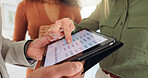 Meeting, tablet screen and hands of business people for research, finance analysis and statistics. Team, pointing and workers on digital tech for financial review, investment and budget planning
