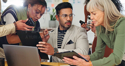 Buy stock photo Man, stress and crisis with team, laptop and review for time management with deadline at media company. Person, computer and chaos with tablet, phone or overwhelmed with group at creative agency