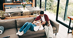 Happy couple, relax and sofa with phone for network, connection or internet service in home. Top view, man or woman with smile, couch or mobile smartphone for social media, news or scrolling in house