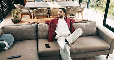 Buy stock photo Break, relax and thinking with man on sofa in living room of home for me time or wellness. Chilling, high angle and idea with person in apartment for easy morning, inspiration or weekend planning