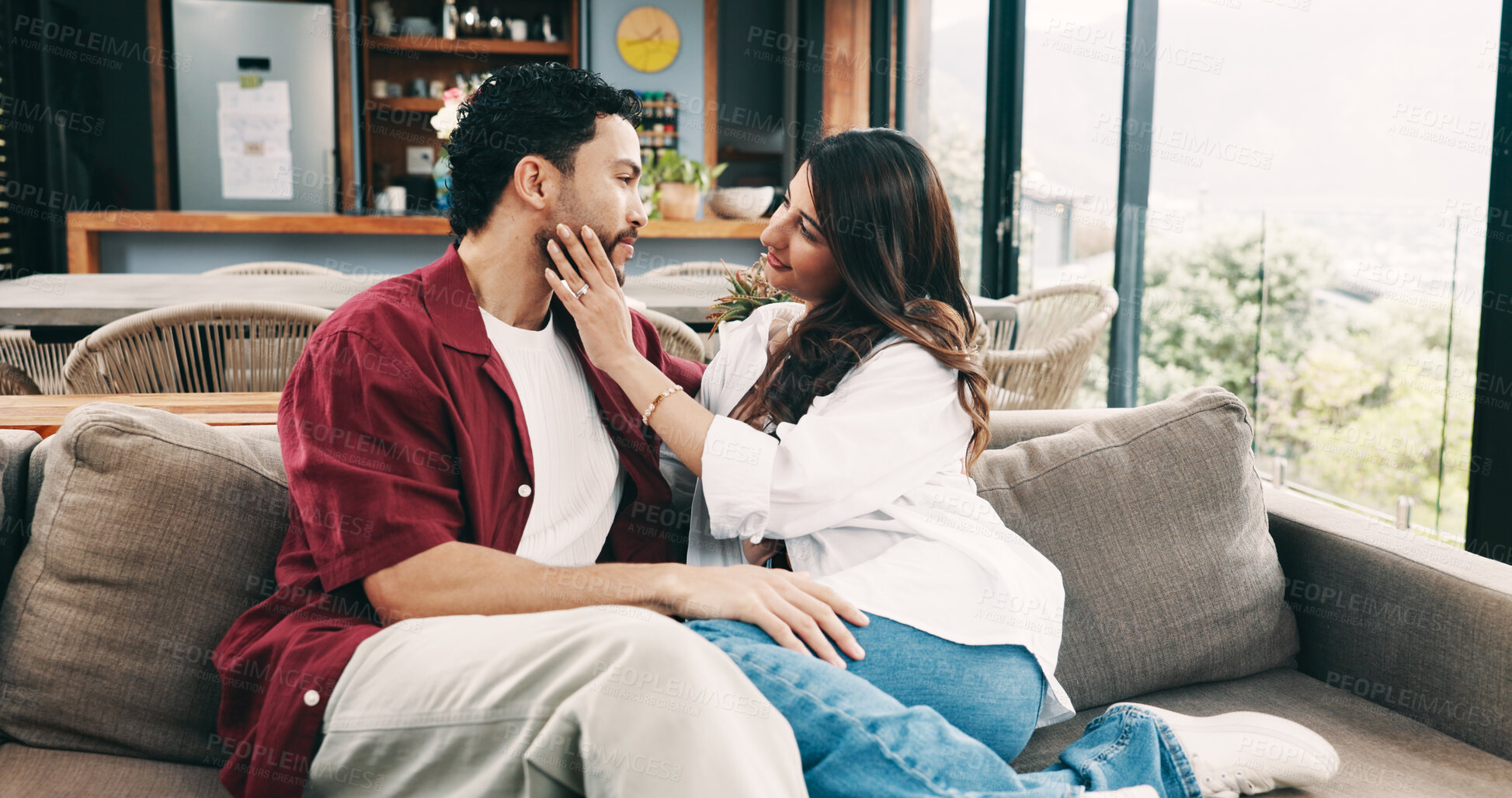 Buy stock photo Home, love and couple relax on sofa with connection, talk or marriage commitment to partner. Romance, man and woman in living room together for loyalty, chat and trust with healthy relationship