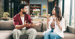 Frustrated couple, argument and sofa with fight for toxic relationship or disagreement in home. Angry man, woman or living room dispute with conflict for cheating affair or confrontation in house