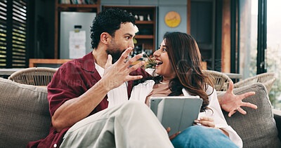Buy stock photo Surprise, happy and couple with tablet on sofa with good news, winning giveaway and discount. Love, dating and man with woman on digital tech excited for online bonus, website sale and deal in home